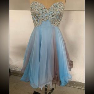 Evenings by Allure Strapless Blue/Brown corset dress